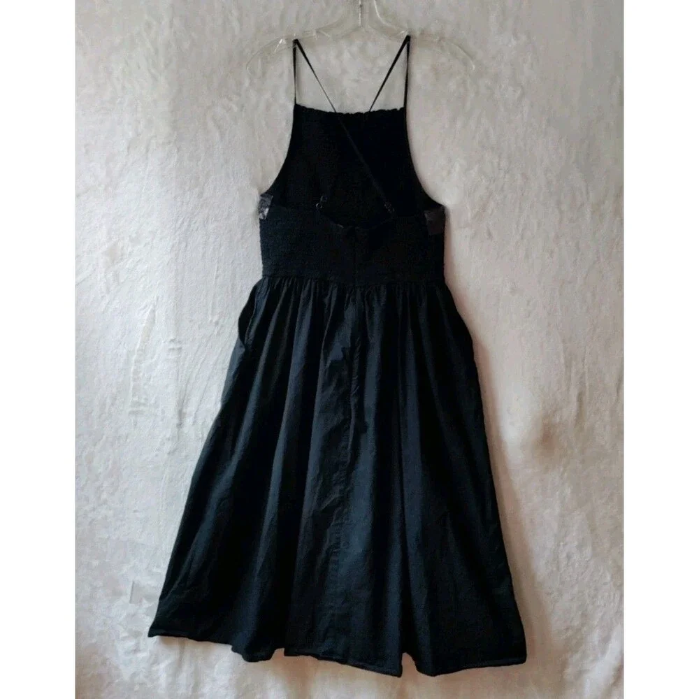 J. Crew Friday dress In Cotton Poplin Smocked Black Open Back Pockets Sz L